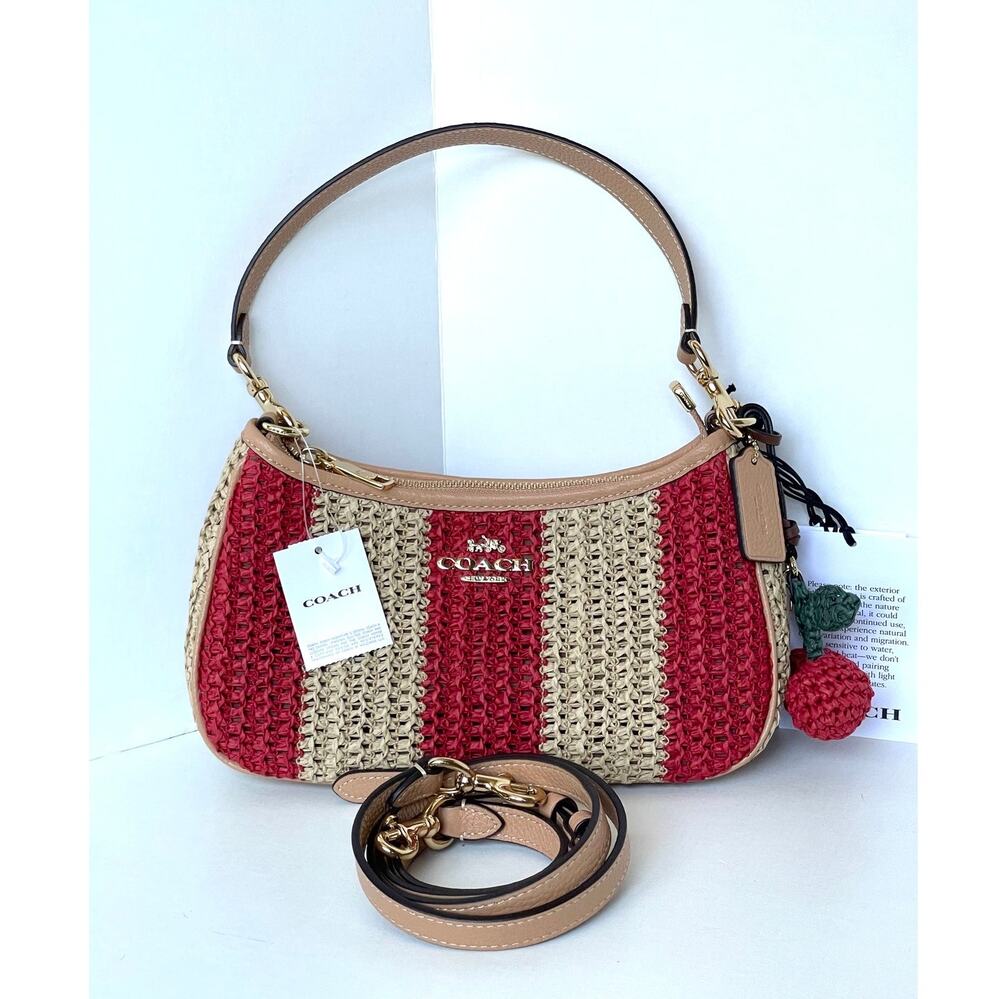 Coach Teri CER34 Red Tan Striped Straw Crossbody Bag